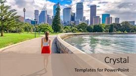  Presentation with sydney travel - PPT theme featuring live - sydney city girl tourist walking background and a coral colored foreground