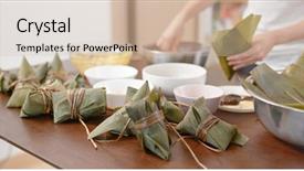  Presentation with dumpling - PPT theme enhanced with live bamboos - make of stick rice dumpling background and a soft green colored foreground