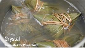 Presentation with dragon boat - Cool new slide set with live bamboos - rice dumpling cook into water backdrop and a gray colored foreground