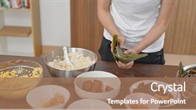  Presentation with dumpling - Slide set with live bamboos - woman wrap rice dumpling background and a coral colored foreground