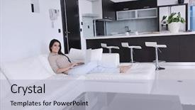  Presentation with laptop - Beautiful slide deck featuring live business - relaxed young woman working backdrop and a  colored foreground