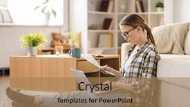  Presentation with concentrated solar power - Presentation theme with live data - serious concentrated young woman background and a coral colored foreground