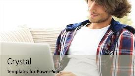  Presentation with young man holdng laptop on lap money - Amazing presentation theme having live data - serious guy working on laptop backdrop and a light gray colored foreground