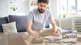  Presentation with payment - Amazing PPT theme having live data - young man in casualwear sitting backdrop and a coral colored foreground