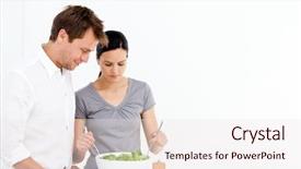  Presentation with lunch - Audience pleasing presentation theme consisting of live food - active couple preparing a salad backdrop and a sky blue colored foreground