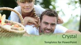  Presentation with romance couple nature - Cool new PPT theme with live food - young couple having a picnic backdrop and a  colored foreground