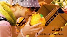  Presentation with melon - Presentation theme consisting of live food - young woman buying a melon background and a gold colored foreground