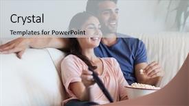  Presentation with living room - PPT theme with live movie - couple watching tv while eating background and a light gray colored foreground