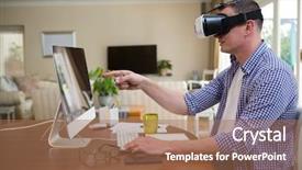  Presentation with virtual reality shooter - Colorful PPT layouts enhanced with live realities - man using virtual reality headset backdrop and a coral colored foreground