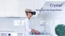  Presentation with virtual reality - Slide deck featuring live realities - smile happy woman getting experience background and a  colored foreground