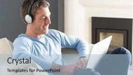  Presentation with headphones - Theme enhanced with live streaming - man using laptop wearing headphones background and a light blue colored foreground