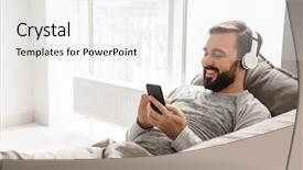  Presentation with music headphones - Slides having live techinical - bearded man 30s in basic background and a white colored foreground