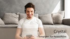  Presentation with cheerful - Slide set with live techinical - cheerful man 30s in white background and a soft green colored foreground