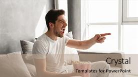  Presentation with living room - Slide deck enhanced with live techinical - ecstatic happy man sitting background and a  colored foreground