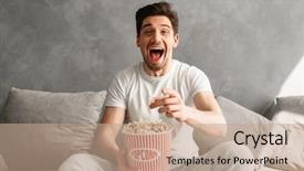  Presentation with bachelor - Colorful slide set enhanced with live techinical - happy bachelor sitting on sofa backdrop and a coral colored foreground