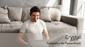  Presentation with laptop wireless - Audience pleasing slide set consisting of live techinical - happy guy with dark hair backdrop and a  colored foreground