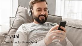  Presentation with music headphones - Cool new slides with live techinical - happy relaxed guy 30s backdrop and a  colored foreground