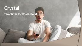  Presentation with woman covering man mouth hand - Presentation design consisting of live techinical - photo of excited man background and a  colored foreground