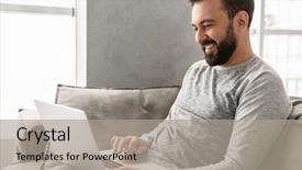  Presentation with photo - Beautiful slides featuring live techinical - photo of happy bearded man backdrop and a  colored foreground