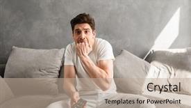  Presentation with photo - Slide deck having live techinical - photo of scared man biting background and a  colored foreground