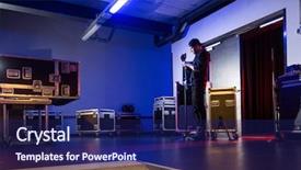  Presentation with cases - Beautiful presentation design featuring live techinical - roadie preparing a microphone backdrop and a navy blue colored foreground