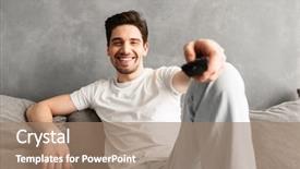  Presentation with living room - Colorful PPT theme enhanced with live techinical - smiling man 30s in casual backdrop and a  colored foreground