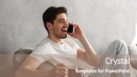  Presentation with young man on the phone - Cool new slide deck with live techinical - young and beautiful man backdrop and a  colored foreground