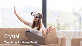  Presentation with virtual reality - Audience pleasing presentation theme consisting of lived expreince - smile happy woman getting experience backdrop and a  colored foreground