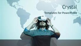  Presentation with virtual reality - Colorful presentation theme enhanced with lived expreince - young businessman getting experience using backdrop and a  colored foreground