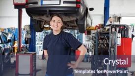  Presentation with female mechanic - Beautiful presentation theme featuring livelihood - portrait of smiling young female backdrop and a ocean colored foreground