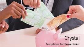  Presentation with piggy bank - Cool new PPT theme with livelihood - three people putting money backdrop and a lemonade colored foreground