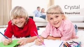  Presentation with siblings - Audience pleasing PPT theme consisting of lively siblings drawing lying on the floor in the living-room backdrop and a lemonade colored foreground