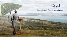  Presentation with deforestation - Amazing theme having businesswoman with axe representing problem backdrop and a sky blue colored foreground