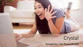  Presentation with social isolation - PPT theme enhanced with livevideo - asian woman using laptop background and a coral colored foreground