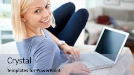  Presentation with happy angry - Audience pleasing PPT layouts consisting of livevideo - portrait of happy blond woman backdrop and a light blue colored foreground