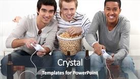  Presentation with video games playing - Presentation design consisting of livevideo - three friends playing video games background and a ocean colored foreground