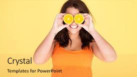  Presentation with fun - Colorful slides enhanced with living circle - woman having fun with oranges backdrop and a yellow colored foreground