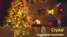  Presentation with happy holiday - Cool new PPT theme with living room decorated for christmas backdrop and a tawny brown colored foreground