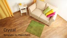  Presentation with green curtain - PPT layouts featuring beige sofa and small green background and a gold colored foreground