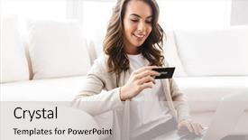  Presentation with working woman - Amazing PPT theme having living room showing credit card backdrop and a light gray colored foreground