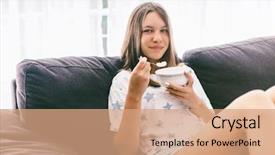  Presentation with teenage girl - Theme having nutrition teenagers - teenage girl eating morning breakfast background and a tawny brown colored foreground