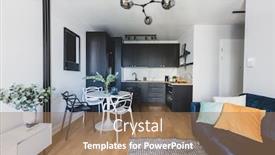  Presentation with kitchen design - Amazing PPT theme having living-room-with-kitchen-annexe backdrop and a coral colored foreground