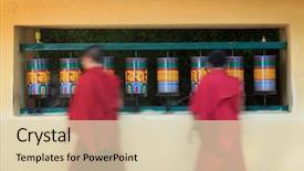  Presentation with himachal pradesh - Amazing slide deck having llama passing and rotating prayer backdrop and a  colored foreground