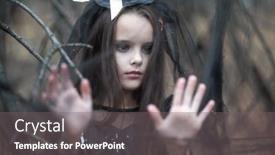  Presentation with horror - PPT theme with llittle girl dressed in a witch dress and hat walks in fall forest among the web with spiders halloween horror witches in darkness background and a gray colored foreground