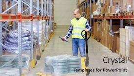  Presentation with wholesale - PPT layouts having loader and clipboard at warehouse background and a  colored foreground