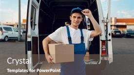  Presentation with techniques of improving health service delivery - Presentation design consisting of loader-in-uniform-holding-box background and a violet colored foreground