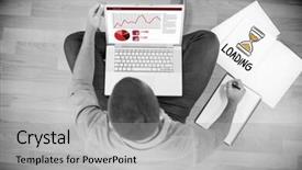  Presentation with loading - Audience pleasing slide deck consisting of loading doodle against young creative businessman working on laptop backdrop and a light gray colored foreground