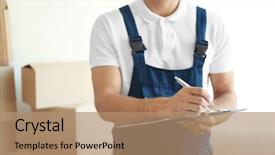  Presentation with express delivery service by motorcycle - PPT theme having loading unloading service - delivery man checking list background and a coral colored foreground