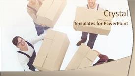  Presentation with moving - Amazing presentation theme having loading unloading service - movers lifting stack of cardboard backdrop and a  colored foreground