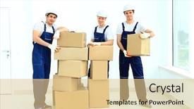  Presentation with utility workers - Slide deck featuring loading unloading service - workers unload boxes background and a  colored foreground